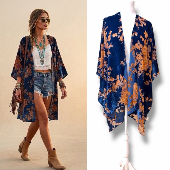 Francesca's Collections Jackets & Blazers - Francesca’s Boho Floral Burnout Velvet Kimono Navy & Rust OS